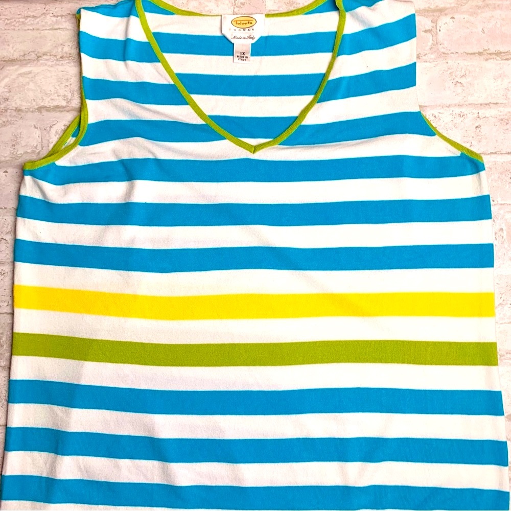 Talbots Sleeveless Knit Top White Blue Stripes V-Neck Italian Made Soft!